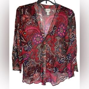 🍇Chico's Paisley Floral Multi Color Silk LongSleeves Multicolor Blouse  2 Large